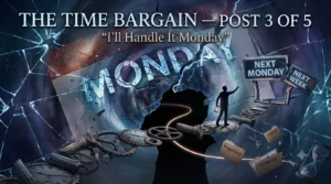 The Time Bargain Post 3 of 5, I'll Handle It Monday — a man walking a shattered path through broken clock gears toward a cracked doorway, with Next Monday and Next Week road signs against a fractured MONDAY calendar, symbolizing the cost of delaying a doctor's appointment