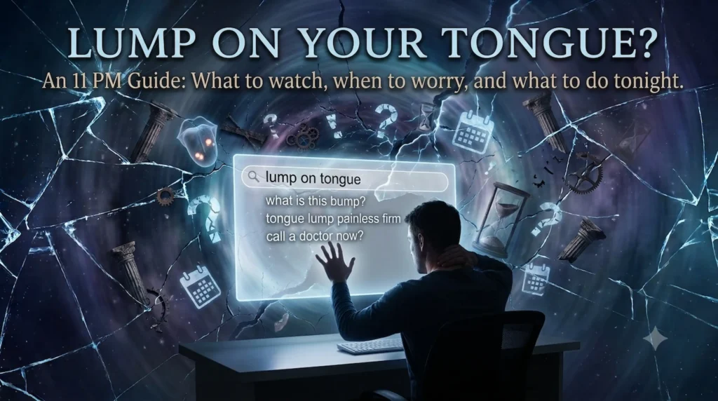 Man searching "lump on tongue" on a glowing screen surrounded by shattered glass and question marks — Lump on Your Tongue: What to Watch, When to Worry, and What to Do Tonight