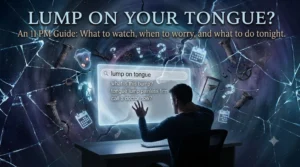 Man searching "lump on tongue" on a glowing screen surrounded by shattered glass and question marks — Lump on Your Tongue: What to Watch, When to Worry, and What to Do Tonight