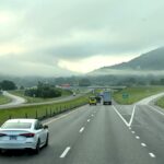 Foggy highway and mountains at dawn, seen from the truck
