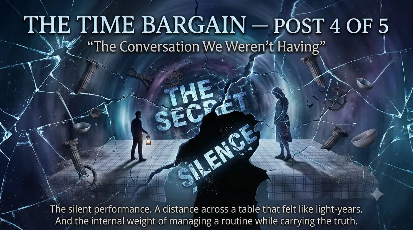 Hiding a symptom from your spouse — a man and woman standing apart on a checkered tablecloth surrounded by shattered glass, symbolizing The Time Bargain Post 4 of 5, The Conversation We Weren't Having