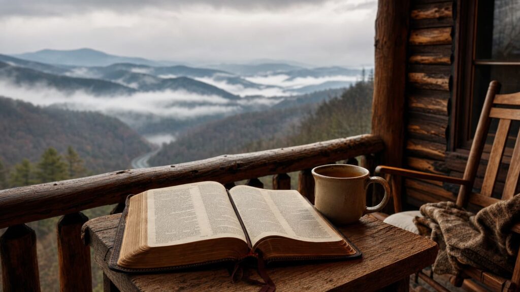 Open Bible and coffee mug on a rustic porch table overlooking misty Smoky Mountains, symbolizing stillness while waiting for biopsy results