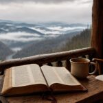Open Bible and coffee mug on a rustic porch table overlooking misty Smoky Mountains, symbolizing stillness while waiting for biopsy results