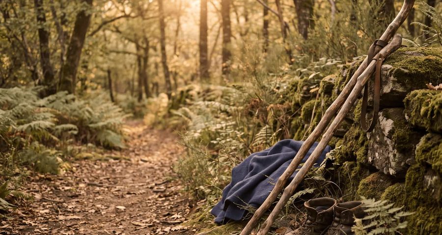 walking sticks and boots resting on a mossy stone wall
