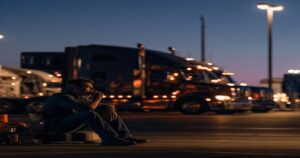 Truck driver sitting alone at a dusk rest stop, hands clasped, lost in thought