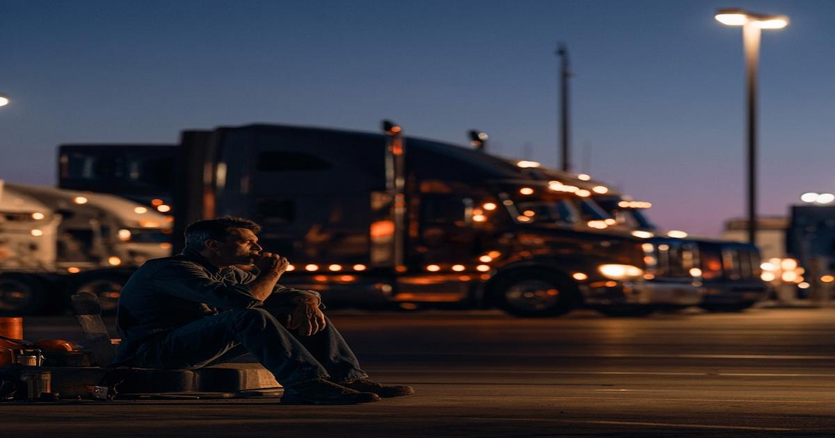 Truck driver sitting alone at a dusk rest stop, hands clasped, lost in thought