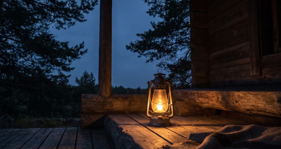 lantern glowing on a quiet porch at dusk