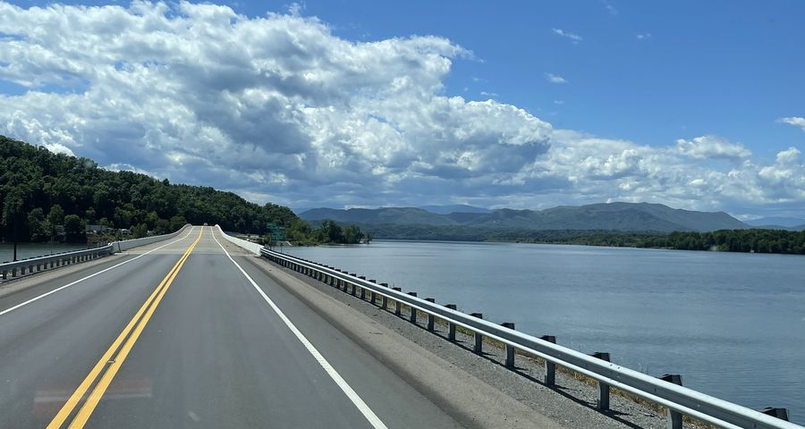 bridge over the lake through the Smoky Mountains