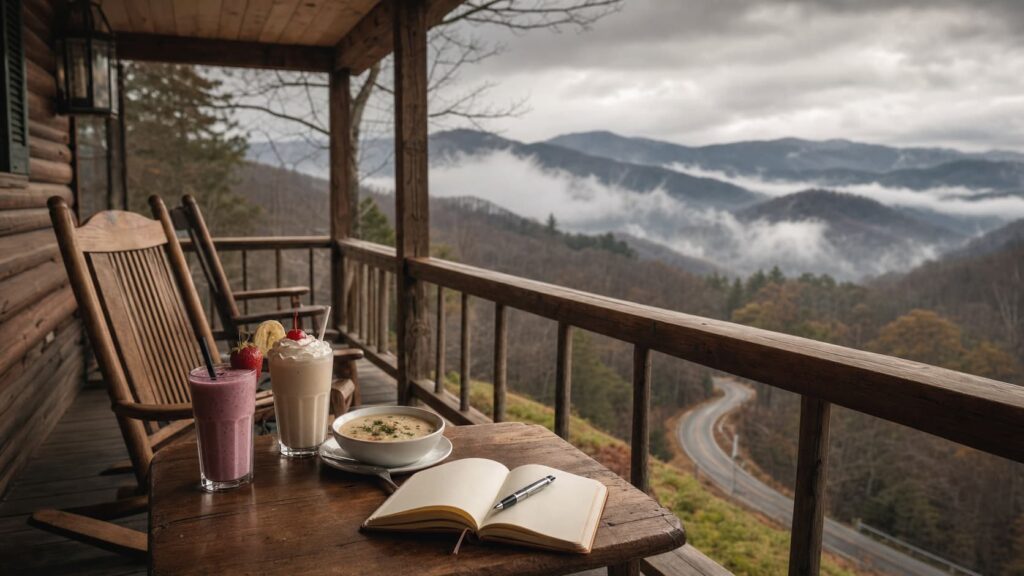 Smoothie, milkshake, and bowl of soup on a mountain cabin porch table overlooking the Smoky Mountains, representing the soft-food diet after an oral biopsy