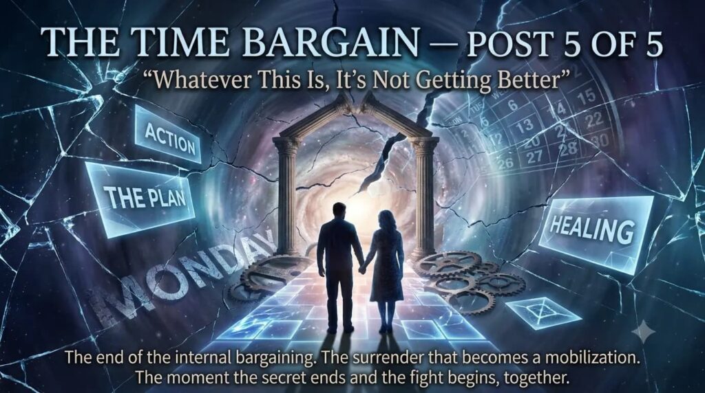 Silhouetted couple holding hands walking through a stone archway toward light, surrounded by shattered glass, gears, a calendar, and glowing signs reading Action, The Plan, and Healing — Time Bargain Post 5, "Whatever This Is, It's Not Getting Better