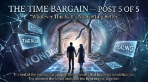 Silhouetted couple holding hands walking through a stone archway toward light, surrounded by shattered glass, gears, a calendar, and glowing signs reading Action, The Plan, and Healing — Time Bargain Post 5, "Whatever This Is, It's Not Getting Better