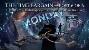 Illustrated graphic titled "The Time Bargain — Post 6 of 6: The Day My Dentist Appointment Stopped Being Routine," showing a man walking through a shattered timeline of clocks, gears, and calendar pages marked Monday, symbolizing the end of delay before an oral cancer diagnosis