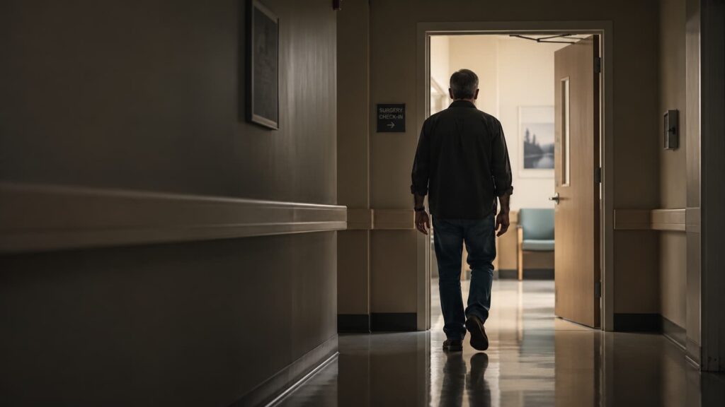 Man walking alone down a hospital hallway toward an open door