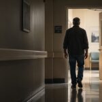 Man walking alone down a hospital hallway toward an open door