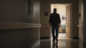 Man walking alone down a hospital hallway toward an open door