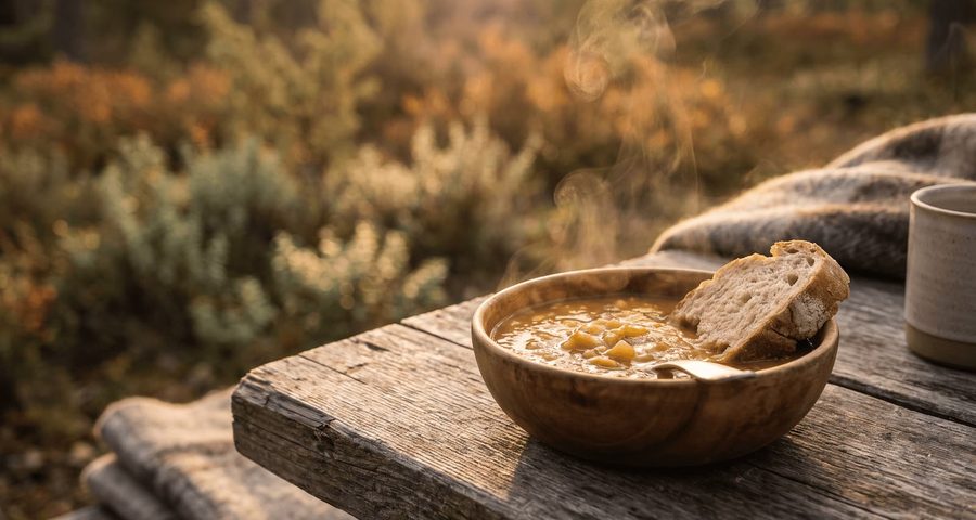 bowl of soup and bread on a rustic table