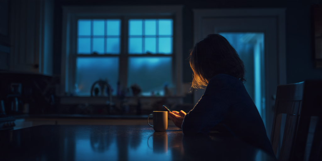 A woman sitting alone at a dark kitchen table before dawn, holding her phone beside a coffee mug
