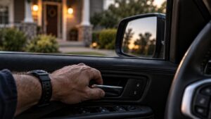 A man's hand on a truck door handle, hesitating before stepping out toward a lit house at dusk