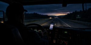 Semi-truck driver on I-40 in Tennessee before sunrise with the dashboard clock reading 5:23 AM