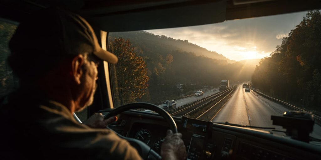 Truck driver in a ball cap at the wheel of a semi at sunrise, golden light over a Tennessee interstate through autumn hills