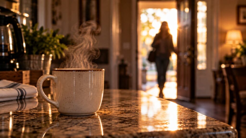 Steaming coffee cup on a kitchen counter as a woman walks through the front door at sunrise