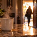 Steaming coffee cup on a kitchen counter as a woman walks through the front door at sunrise