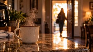 Steaming coffee cup on a kitchen counter as a woman walks through the front door at sunrise