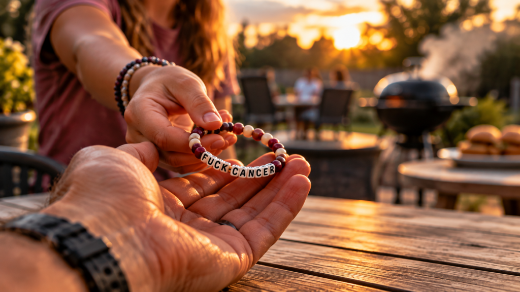 A young girl hands her grandfather an ivory and burgundy beaded bracelet at a backyard cookout at sunset, with a grill and family in the background