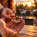 A young girl hands her grandfather an ivory and burgundy beaded bracelet at a backyard cookout at sunset, with a grill and family in the background