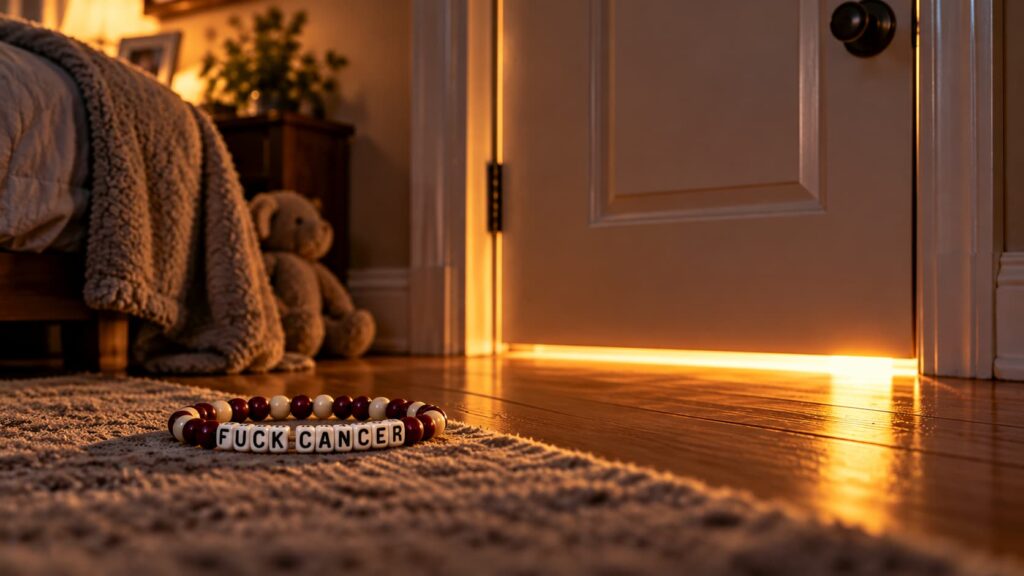 An ivory and burgundy beaded bracelet on a rug in a child’s bedroom, near a closed door with warm light shining under it