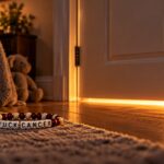 An ivory and burgundy beaded bracelet on a rug in a child’s bedroom, near a closed door with warm light shining under it